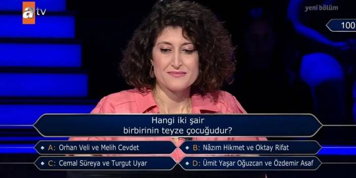 “Kim Milyoner Olmak İster?”de 100 bin TL'lik soru; “Hangi iki şair birbirinin teyze çocuğudur?”