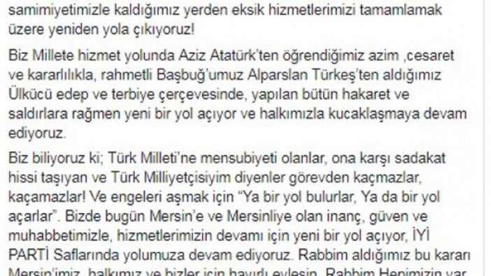 Mersin Büyükşehir Belediye Başkanı Kocamaz, İYİ Parti'ye geçtiğini duyurdu