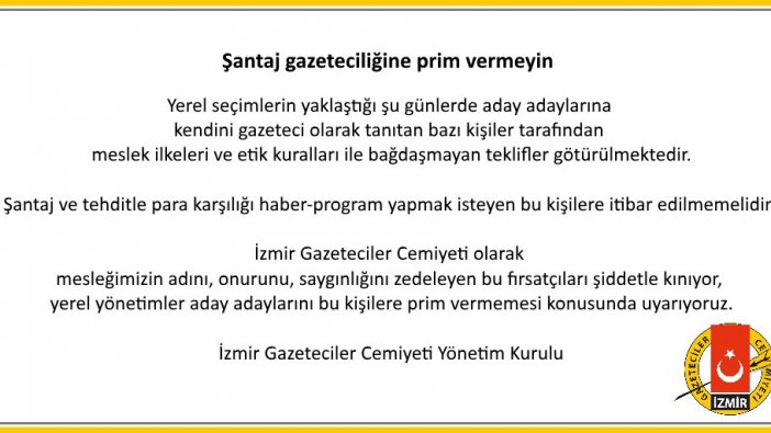 İzmir Gazeteciler Cemiyeti: Şantaj gazeteciliğine prim vermeyin!