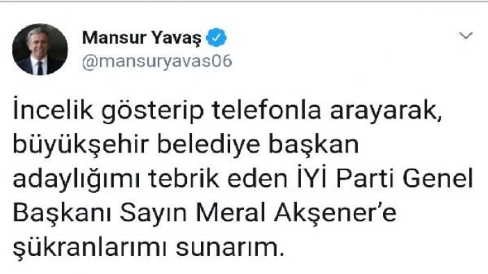 Akşener, Mansur Yavaş'ı telefonla arayıp tebrik etti