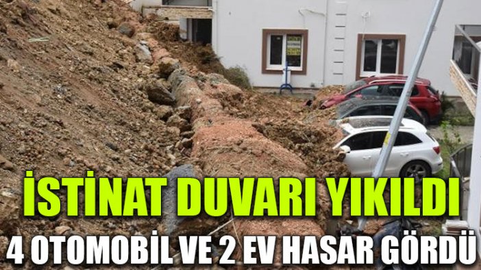 İstinat duvarı yıkıldı, 4 otomobil ve 2 ev hasar gördü