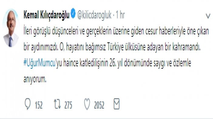 Kılıçdaroğlu'ndan Uğur Mumcu paylaşımı