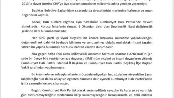 Eski Beşiktaş Belediye Başkanı Hazinedar CHP'den istifa etti... İşte istifa dilekçe