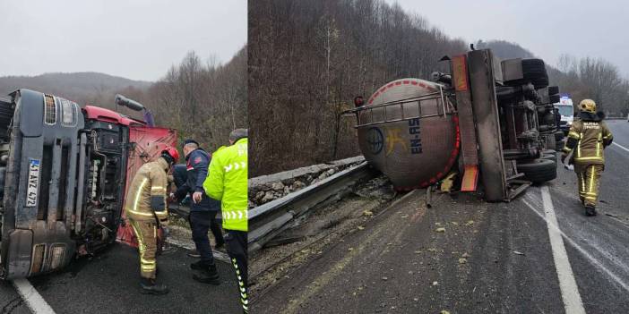 Asit yüklü tanker devrildi. Sızan asit dereye karıştı çevre köyler uyarıldı