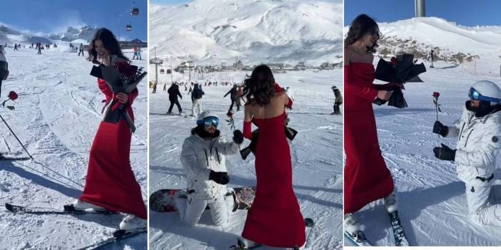 Kırmızı elbiseli kadın Erciyes'te gül dağıttı