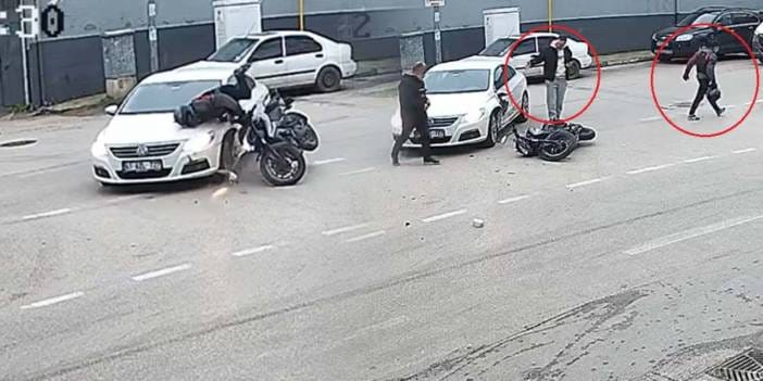 Sinyal vermedi kazaya sebep oldu! Yaralanan motosikletliye değil aracına koştu