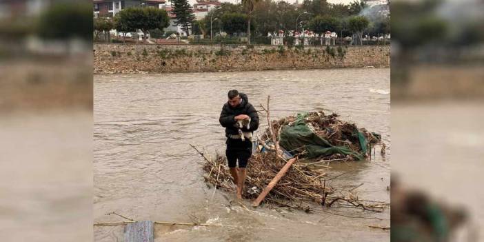 Çalıların üzerinde akıntıya kapılan kedi kurtarıldı