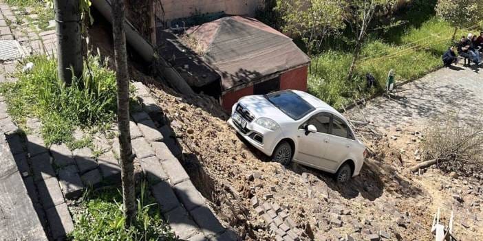İstinat duvarı çöktü: Park halindeki araç metrelerce sürüklendi
