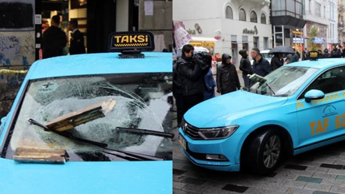 İstiklal Caddesi'nde seyir halinde olan taksiye beton parçası saplandı