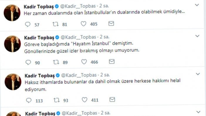 İstifa et(tiril)en Topbaş twit atıp Erdoğan'a teşekkür etti