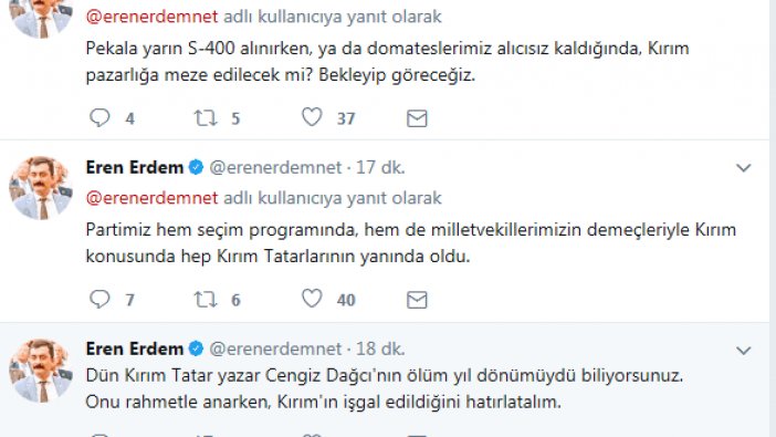 CHP'li Eren Erdem Twitter'dan Kırım Tatarlarına destek verdi