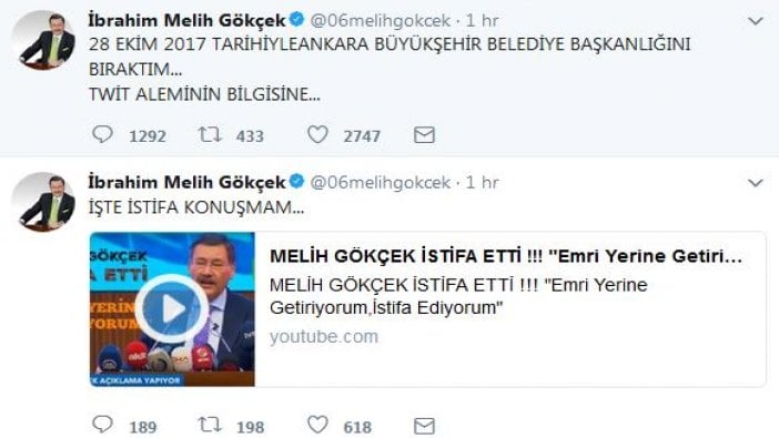 Melih Gökçek'ten istifa sonrası ilk tweet