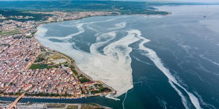 Çanakkale Boğazı'nı kaplayan 'deniz salyası' havadan görüntülendi