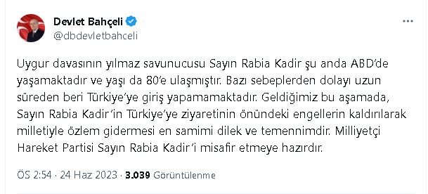 Bahçeli: Rabia Kadir'in, Türkiye ziyaretinin önündeki engellerin kaldırılması dileğimdir