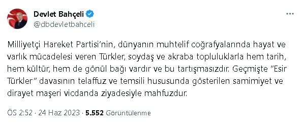 Bahçeli: Rabia Kadir'in, Türkiye ziyaretinin önündeki engellerin kaldırılması dileğimdir