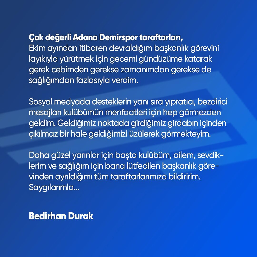 Adana Demirspor Başkanı istifa etti