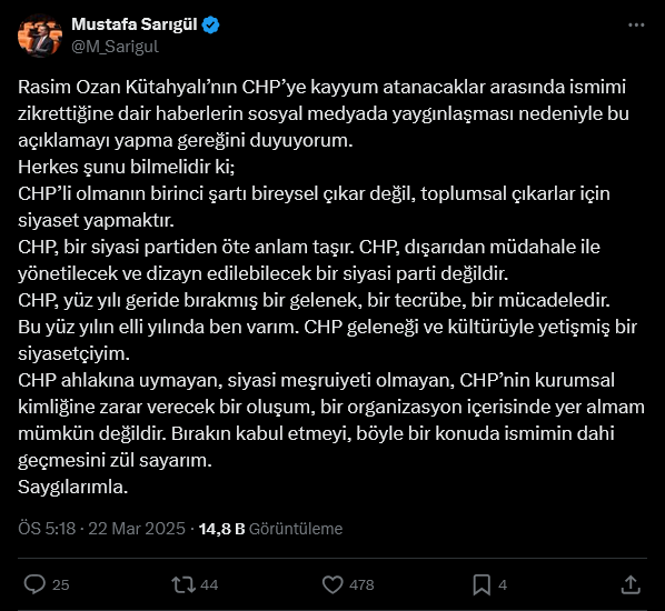 Mustafa Sarıgül'ün açıklamaları