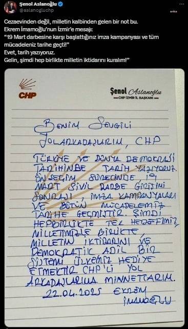 İmamoğlu’nun el yazısı mesajı paylaşıldı